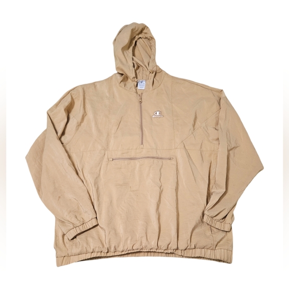 CHAMPION Pullover Zip Jacket Cream Packable Windbreaker Mens XL 1/2 Zip Hooded - Picture 1 of 8